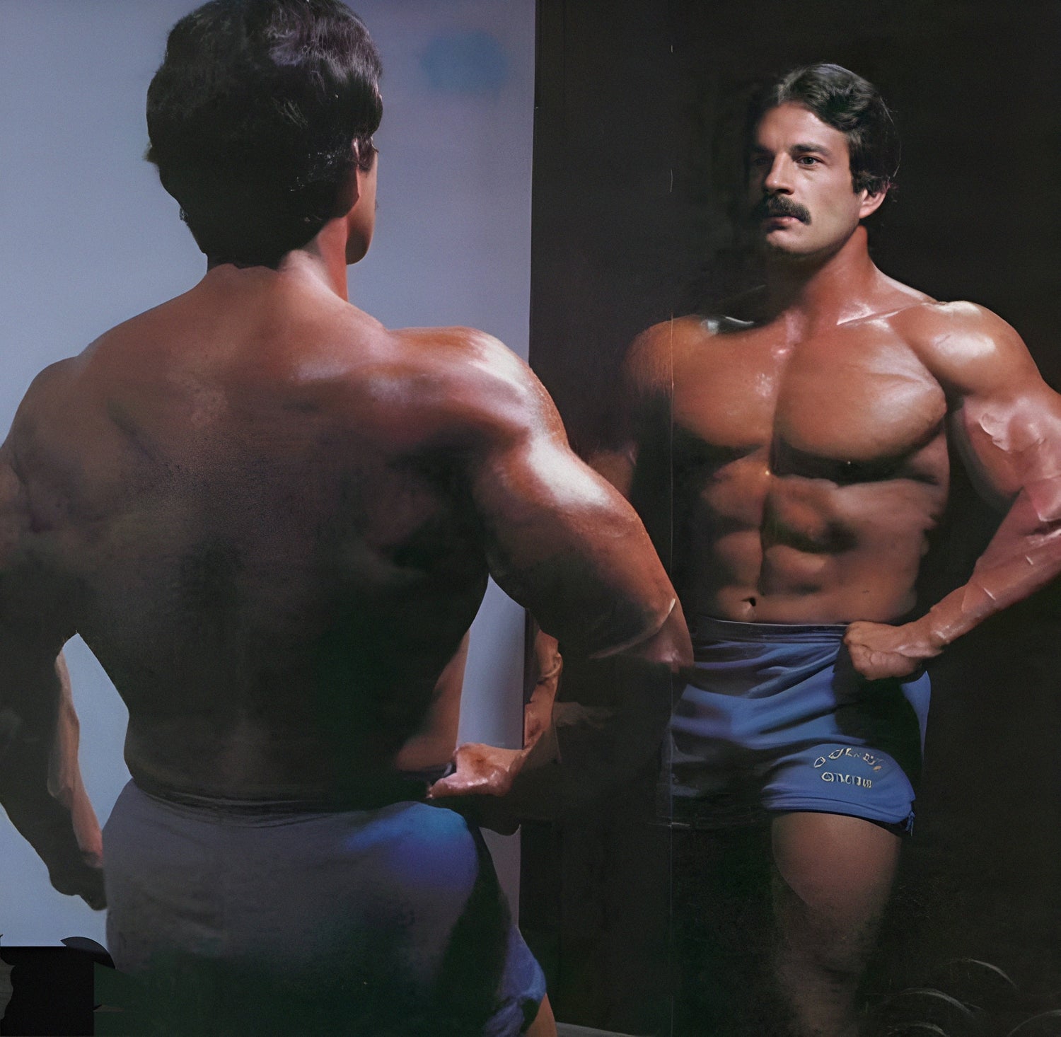 Mike Mentzer posing in a mirror