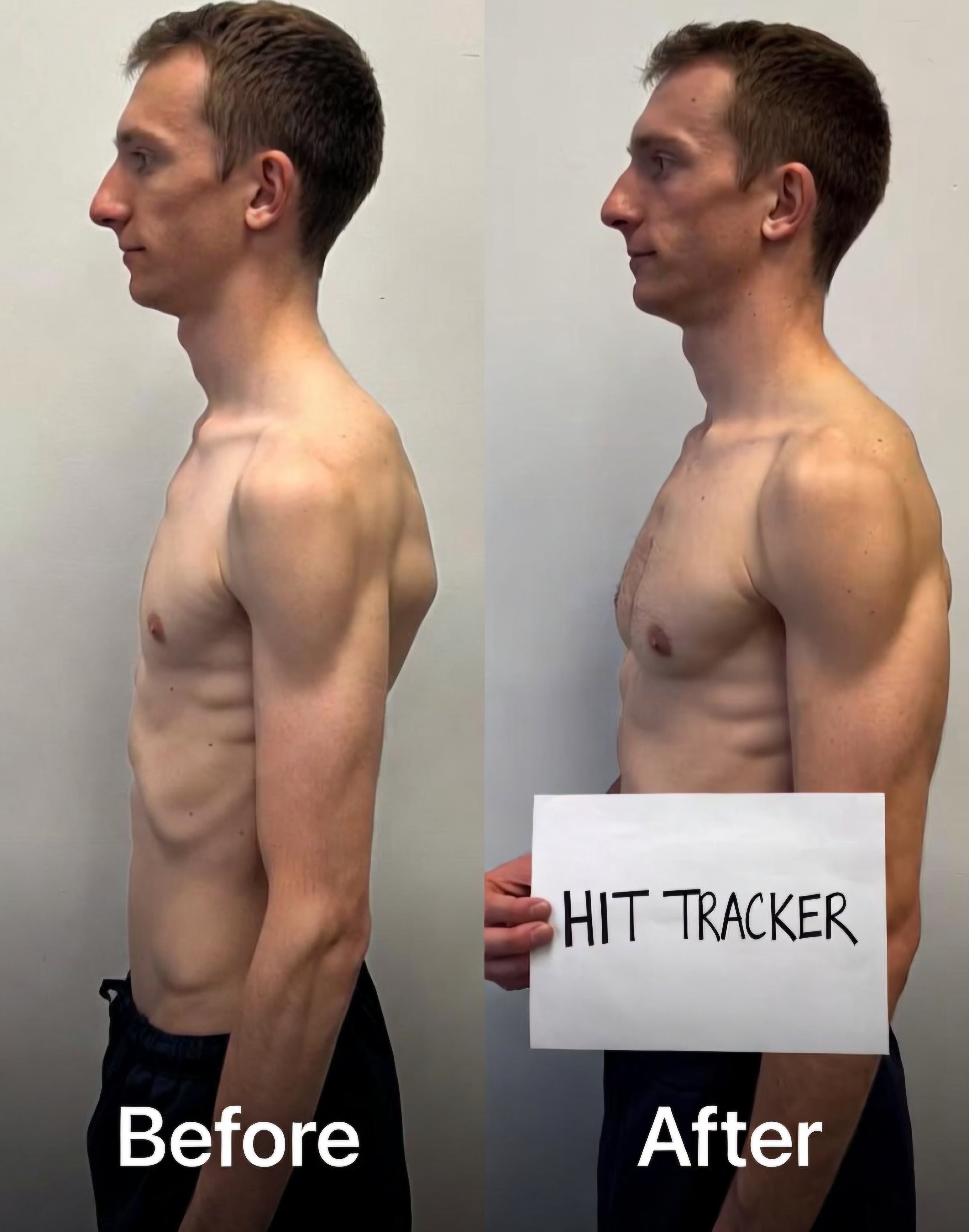 Before and after comparison of a person holding a 'HIT Tracker' sign against a plain background.