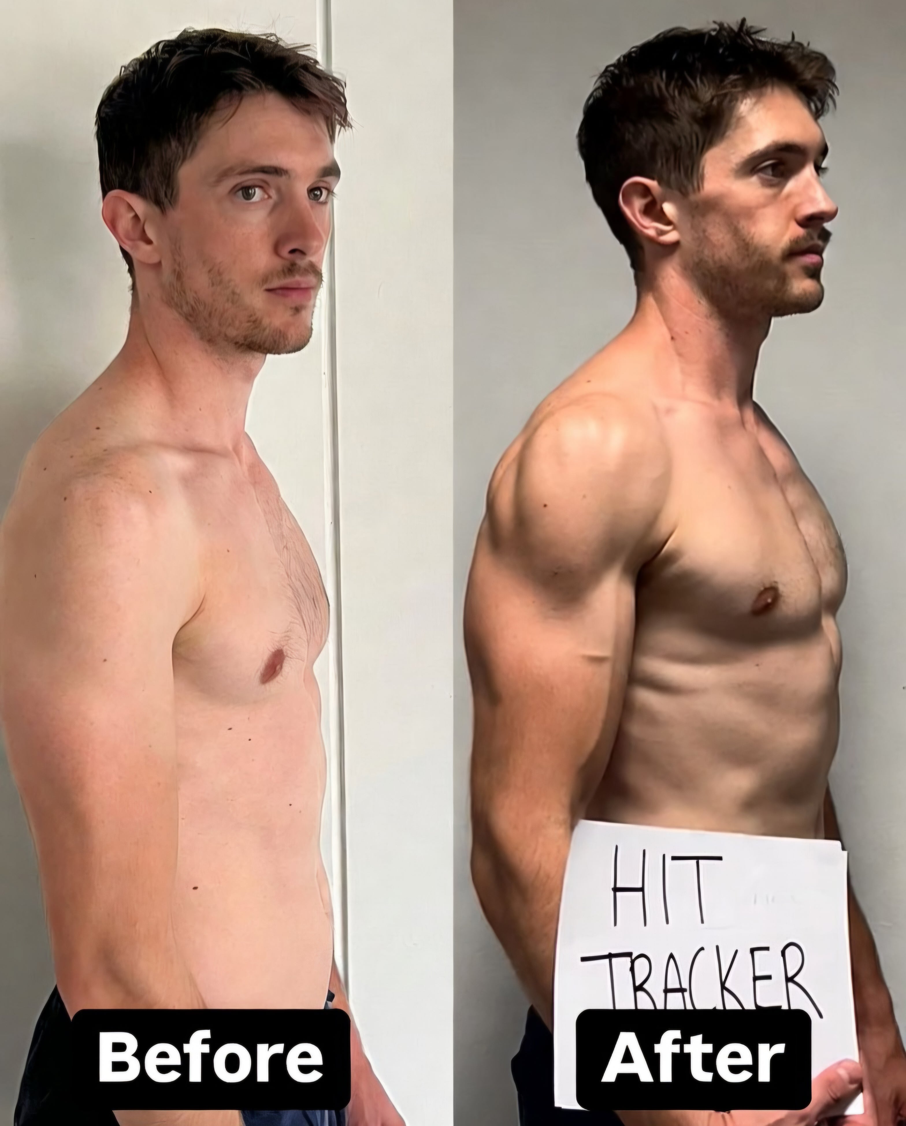 Before and after comparison of a person's physique with 'Before' on the left and 'After' on the right, holding a sign that reads 'Hit Tracker'.