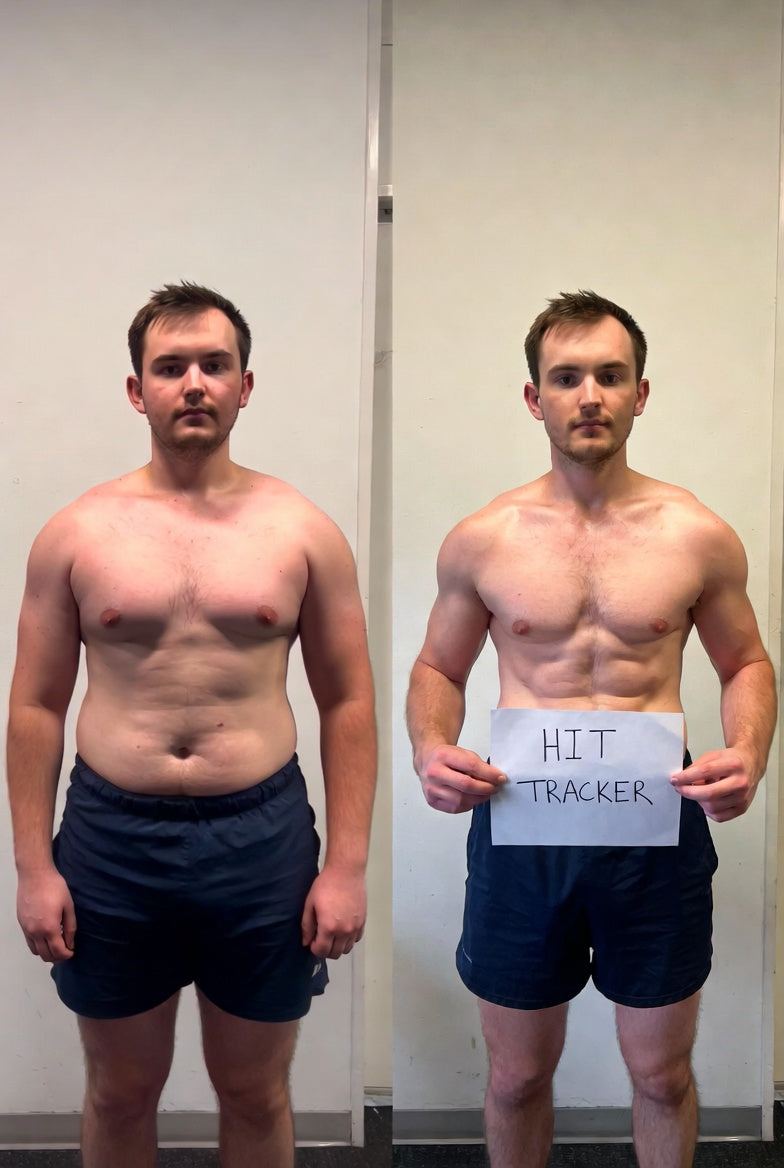 Before and after comparison of a person holding a 'HIT Tracker' sign against a plain background.