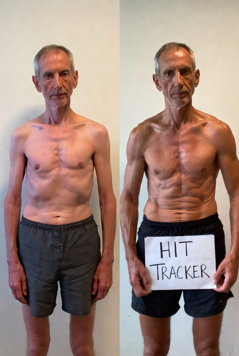 Before and after transformation of a man holding a 'Hit Tracker' sign against a plain background.